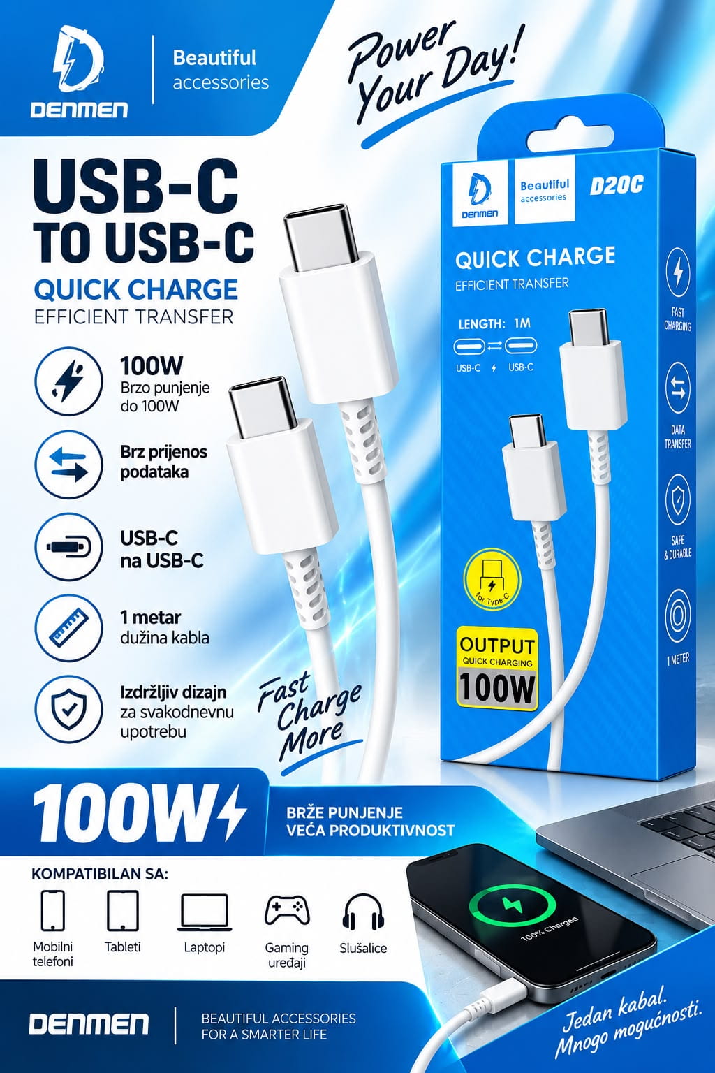 DENMEN D20C USB-C USB-C 100W kabal